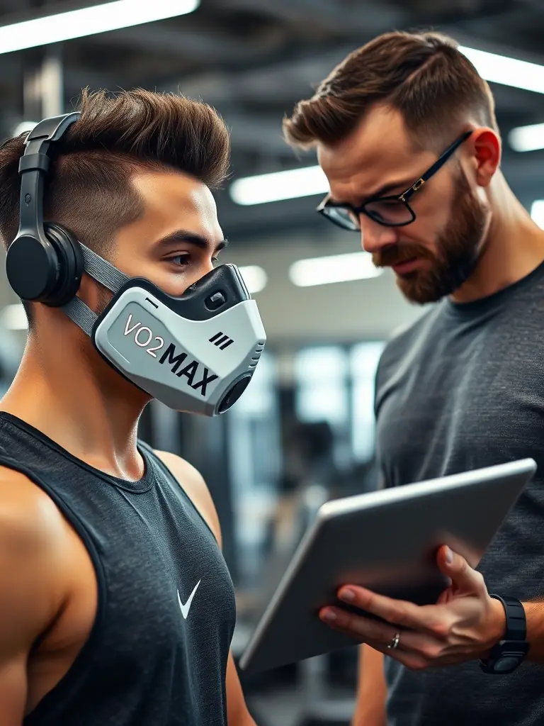 A Vo2GO consultant fitting a client with a heart rate monitor and mask connected to the metabolic cart during a VO₂ max test.